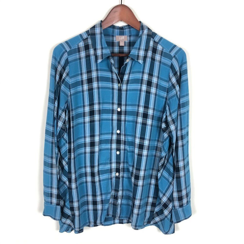 J. Jill Blue Plaid Button Front Long Sleeve Shirt